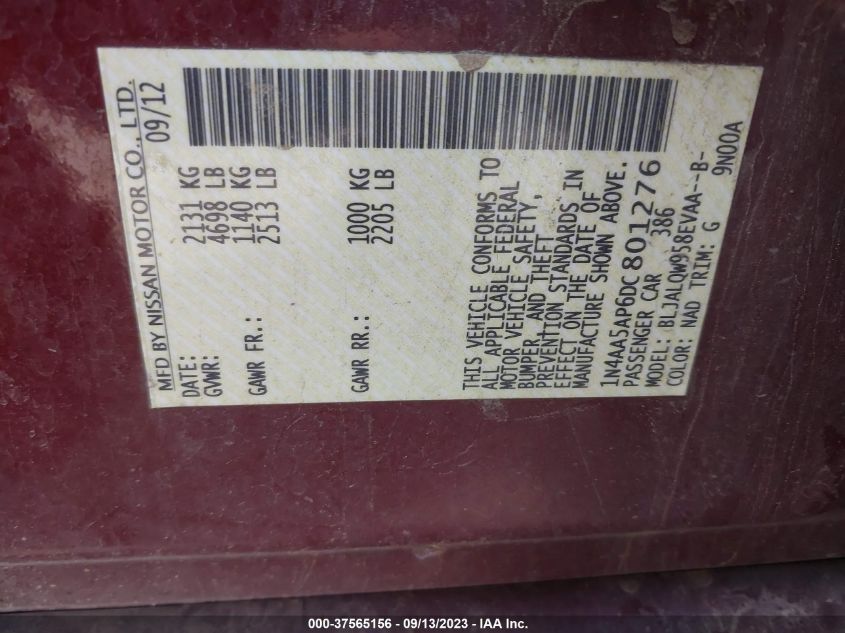 2013 NISSAN MAXIMA S/SV - 1N4AA5AP6DC801276
