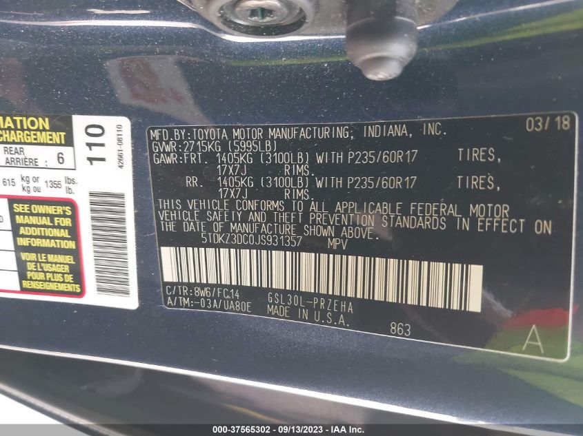 2018 TOYOTA SIENNA LE - 5TDKZ3DC0JS931357