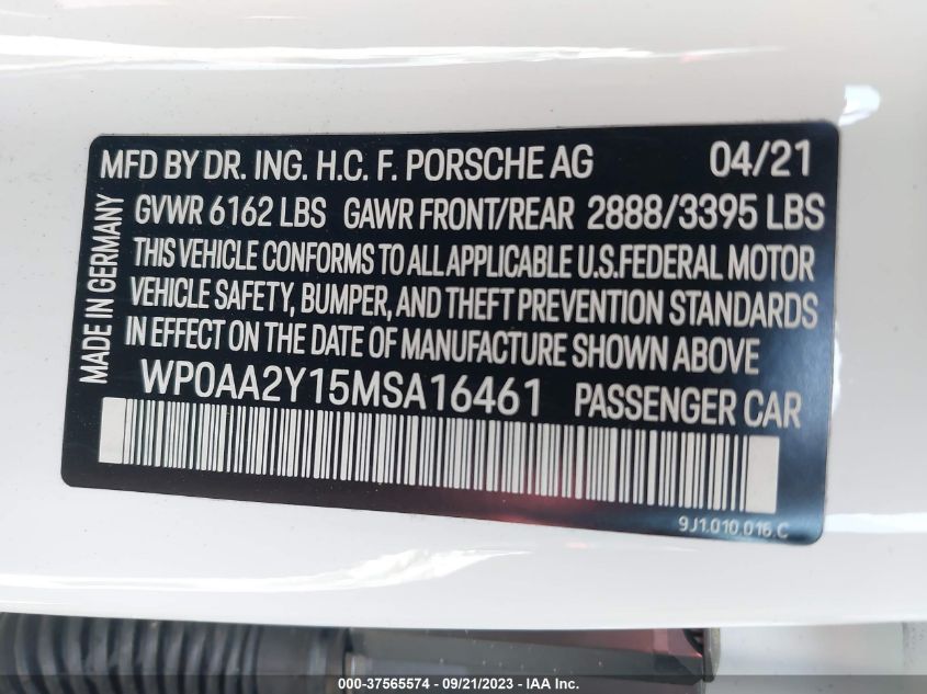 2021 PORSCHE TAYCAN WP0AA2Y15MSA16461