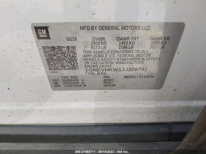 2018 CHEVROLET TRAVERSE LT LEATHER - 1GNEVHKW1JJ209791