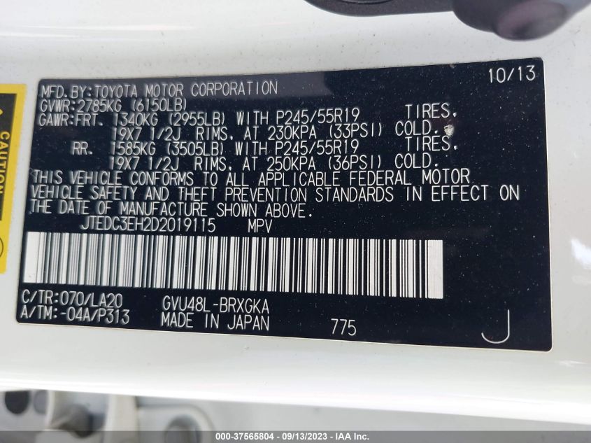2013 TOYOTA HIGHLANDER HYBRID LIMITED JTEDC3EH2D2019115