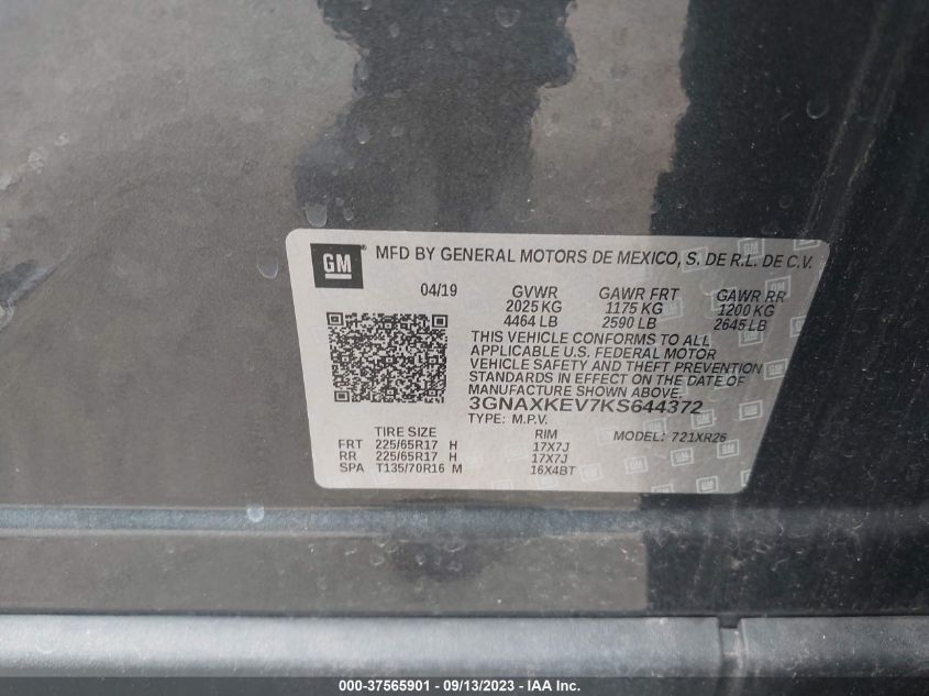 2019 CHEVROLET EQUINOX LT - 3GNAXKEV7KS644372