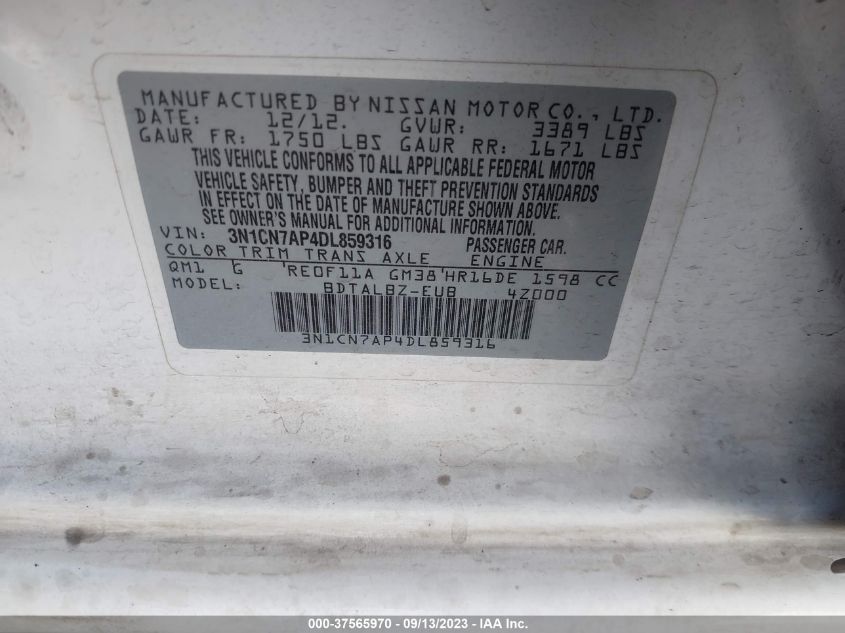 2013 NISSAN VERSA SV - 3N1CN7AP4DL859316