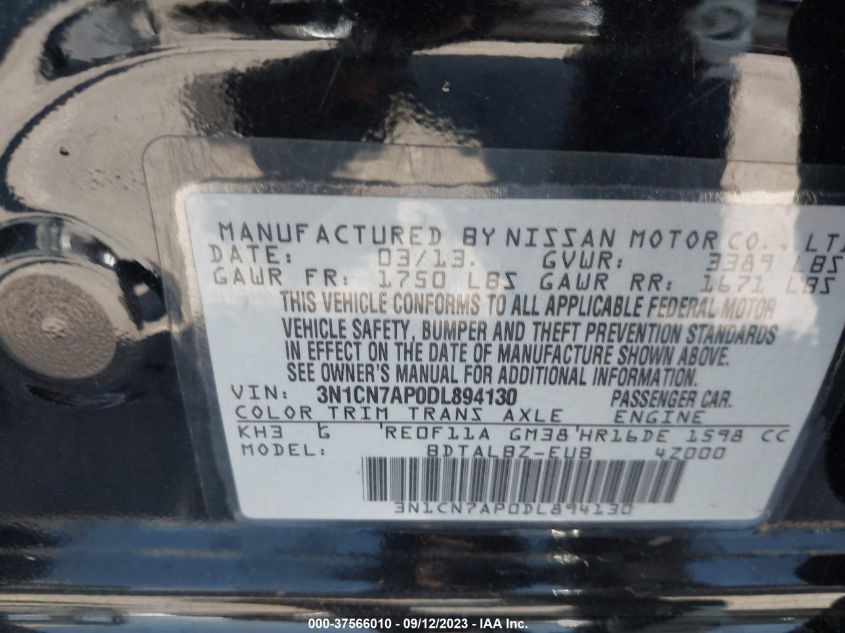 2013 NISSAN VERSA SV - 3N1CN7AP0DL894130