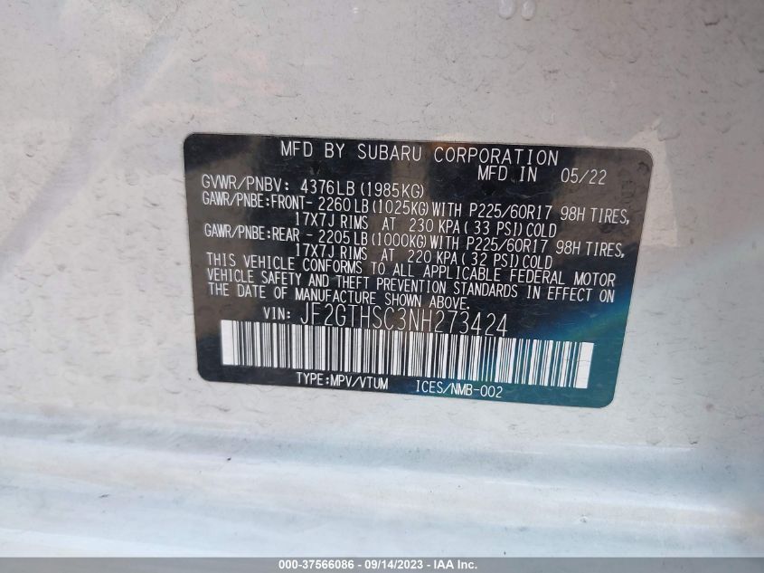 VIN JF2GTHSC3NH273424 2022 SUBARU CROSSTREK SPORT