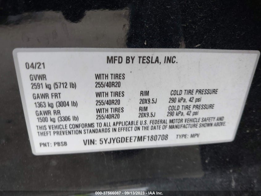 VIN 5YJYGDEE7MF180708 2021 TESLA MODEL Y LONG RANGE