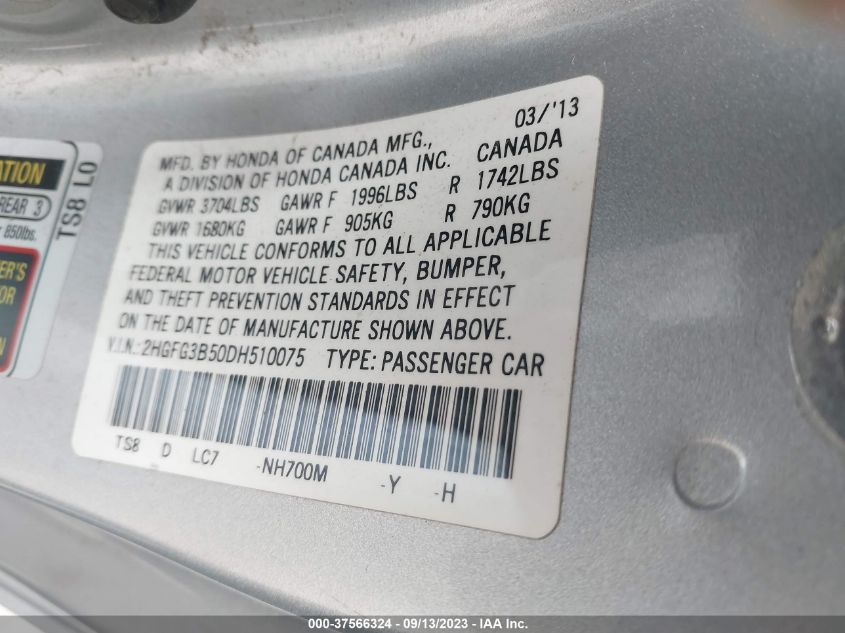 2013 HONDA CIVIC CPE LX 2HGFG3B50DH510075