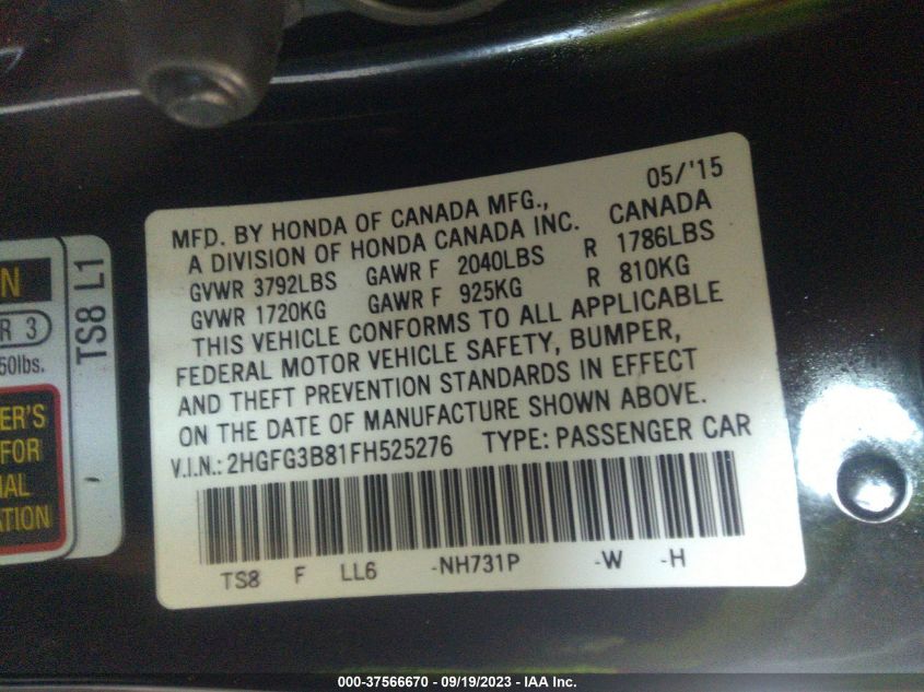 2015 HONDA CIVIC COUPE EX - 2HGFG3B81FH525276