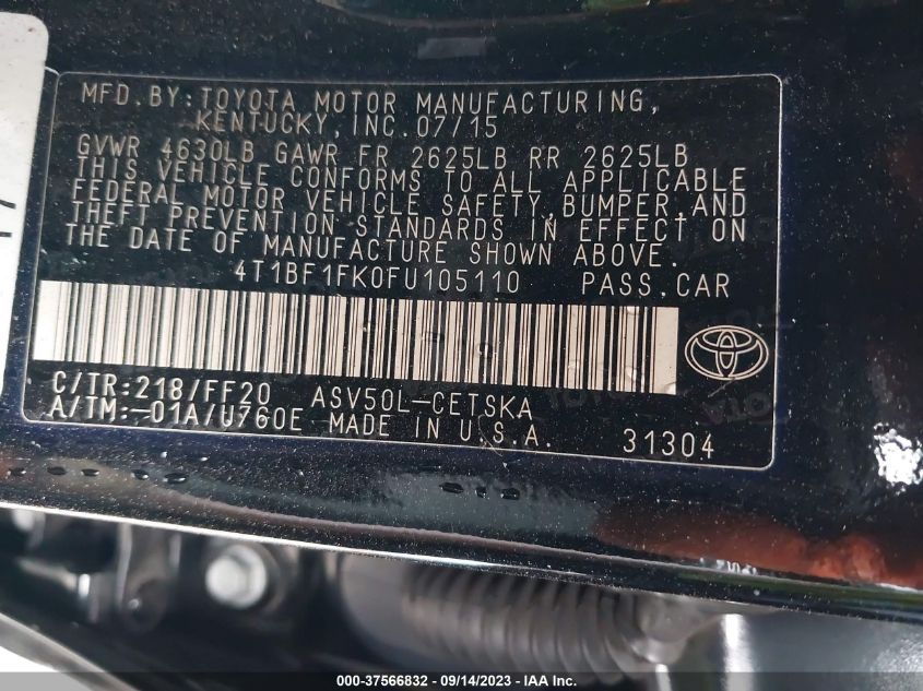 2015 TOYOTA CAMRY XLE/SE/LE/XSE - 4T1BF1FK0FU105110