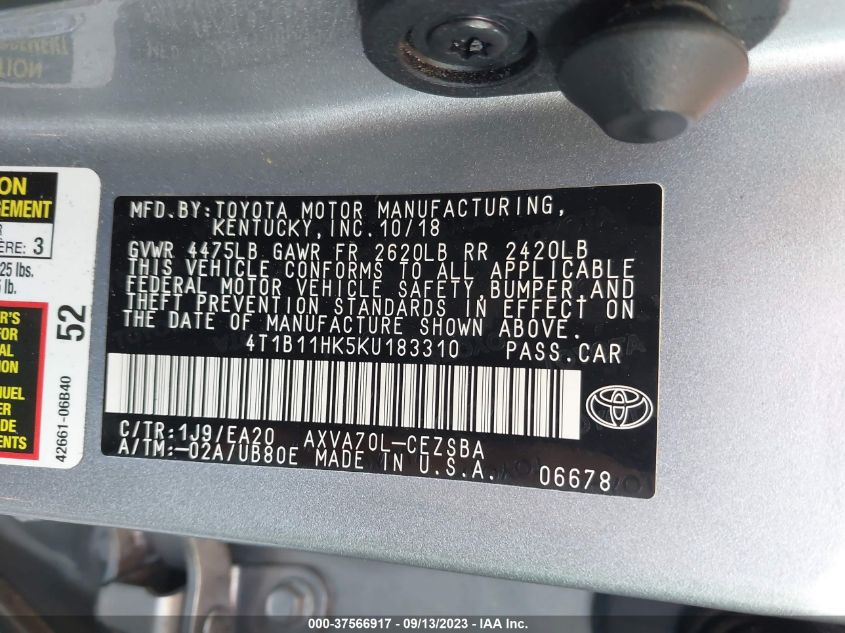 4T1B11HK5KU183310 Toyota Camry L/LE/XLE/SE/XSE 9