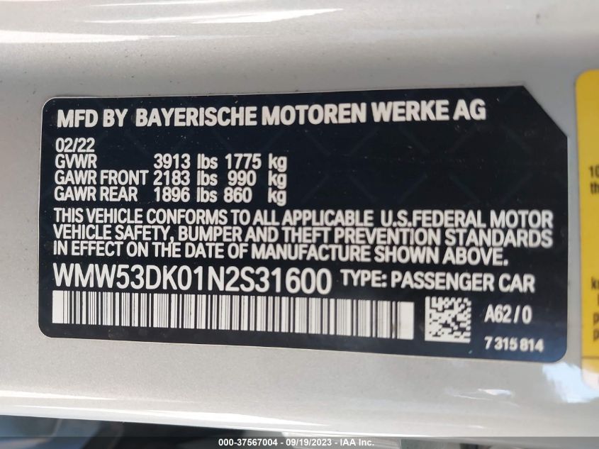 2022 MINI HARDTOP 4 DOOR COOPER S WMW53DK01N2S31600