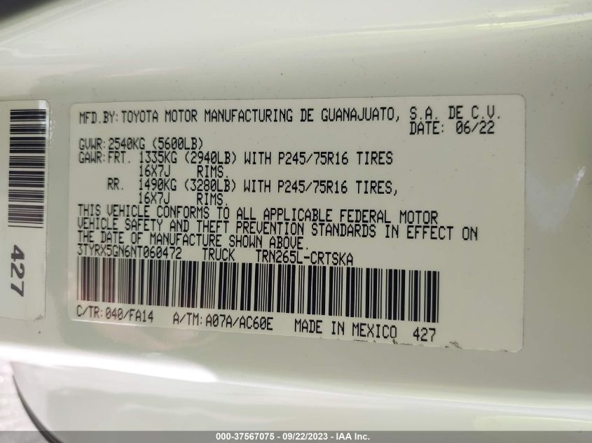 2022 TOYOTA TACOMA 2WD SR/SR5 3TYRX5GN6NT060472
