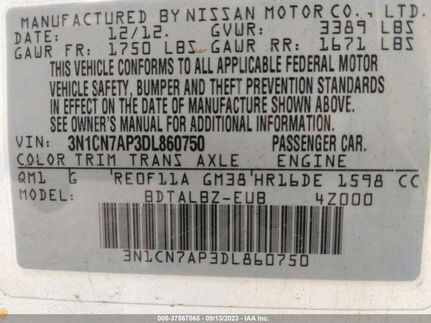 2013 NISSAN VERSA SV - 3N1CN7AP3DL860750