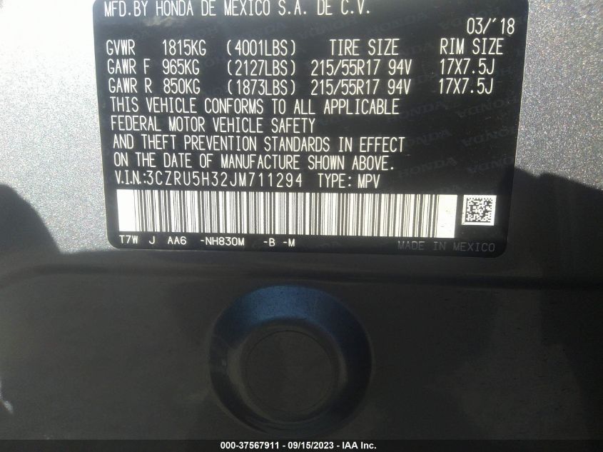 2018 HONDA HR-V LX - 3CZRU5H32JM711294