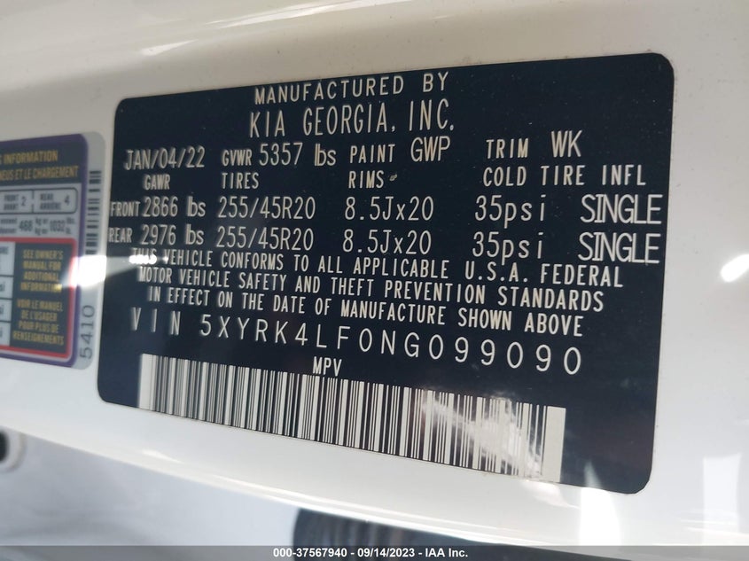 VIN 5XYRK4LF0NG099090 2022 KIA SORENTO SX/SXP