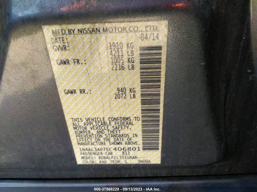 2014 NISSAN ALTIMA 2.5/S/SV/SL - 1N4AL3AP7EC406801