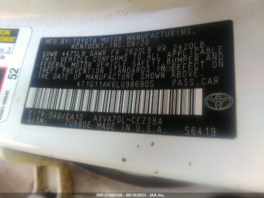 2020 TOYOTA CAMRY SE/SE NIGHT SHADE - 4T1G11AK6LU986905