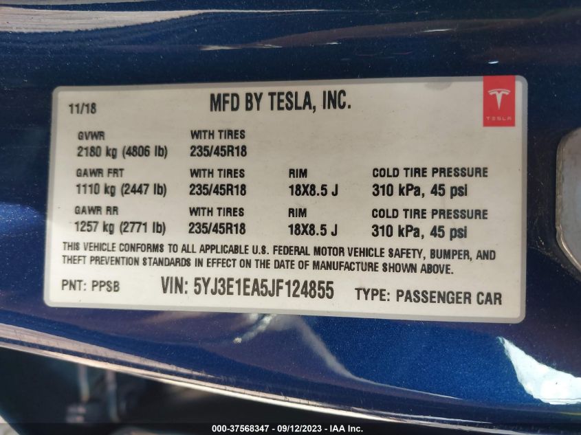 2018 TESLA MODEL 3 LONG RANGE BATTERY - 5YJ3E1EA5JF124855