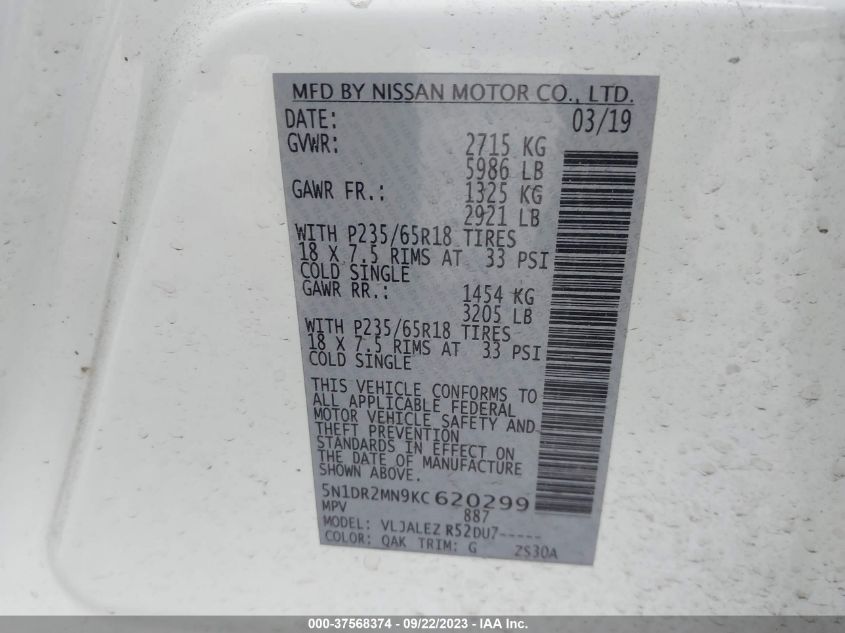 2019 NISSAN PATHFINDER SV - 5N1DR2MN9KC620299