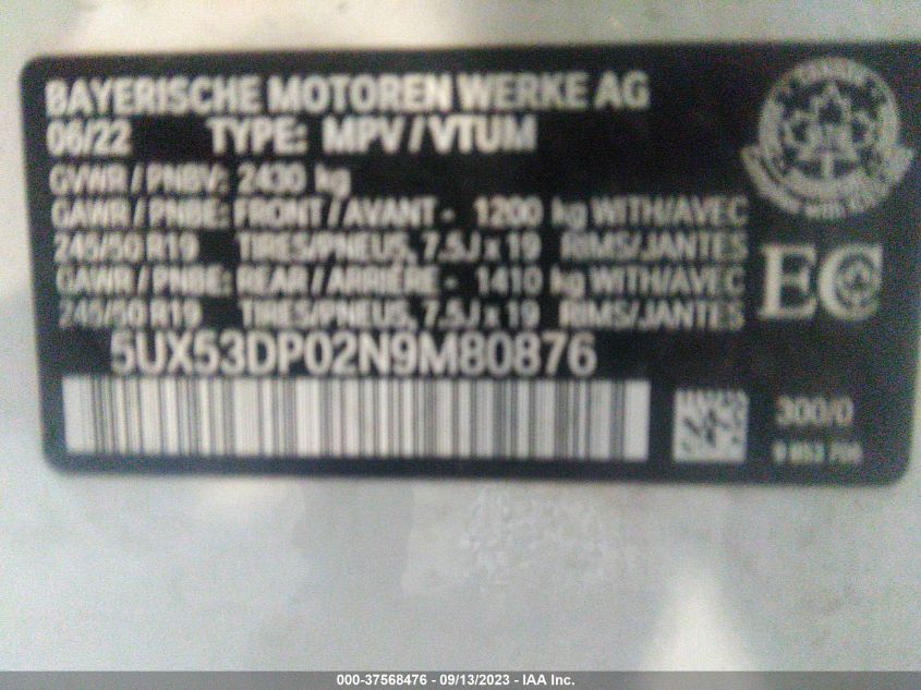 2022 BMW X3 XDRIVE30I - 5UX53DP02N9M80876