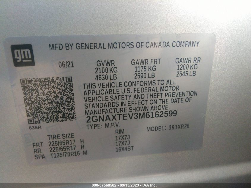 2021 CHEVROLET EQUINOX LT - 2GNAXTEV3M6162599