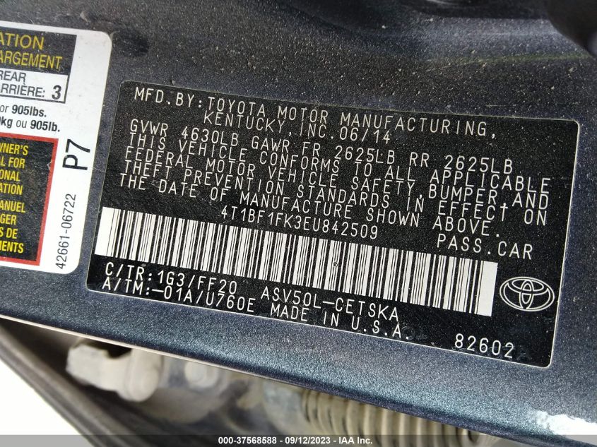 2014 TOYOTA CAMRY L/LE/XLE/SE/SE SPORT - 4T1BF1FK3EU842509