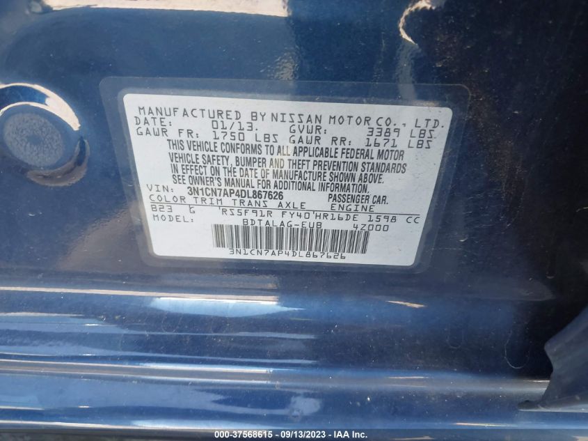 2013 NISSAN VERSA S - 3N1CN7AP4DL867626