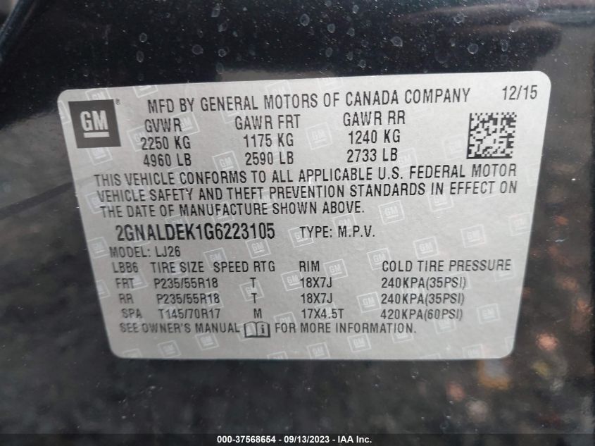 2016 CHEVROLET EQUINOX LTZ - 2GNALDEK1G6223105