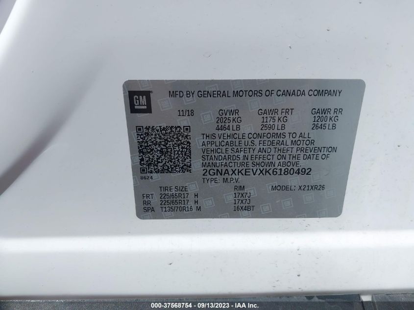 2019 CHEVROLET EQUINOX LT - 2GNAXKEVXK6180492
