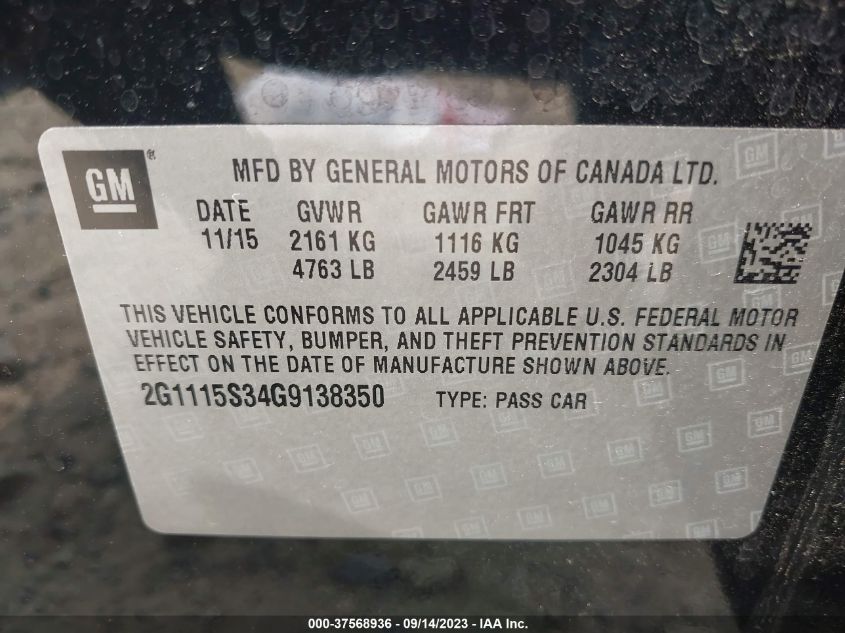 2016 CHEVROLET IMPALA LT - 2G1115S34G9138350