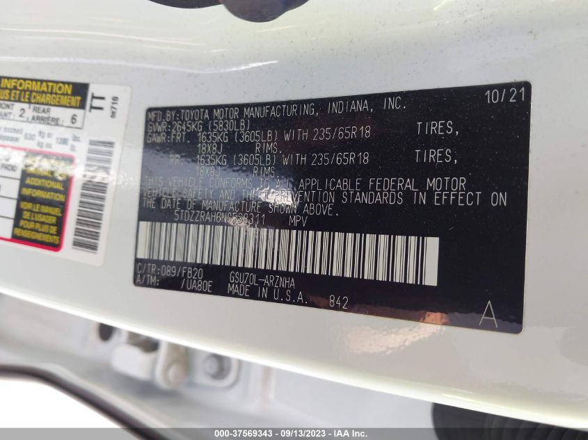 2022 TOYOTA HIGHLANDER LE - 5TDZZRAH6NS538311