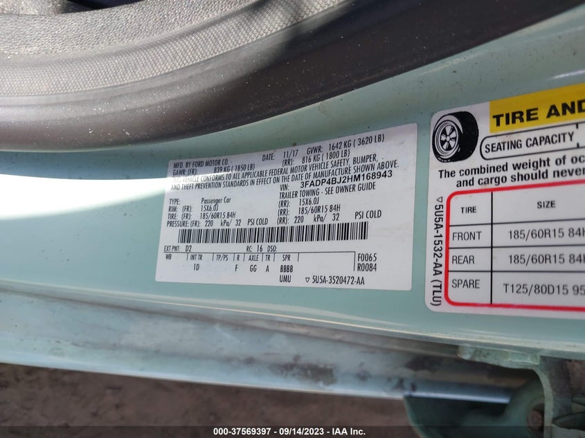 VIN 3FADP4BJ2HM168943 2017 FORD FIESTA SE