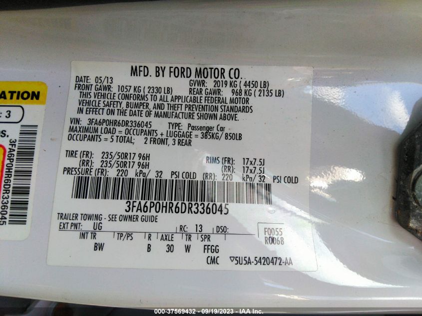 2013 FORD FUSION SE - 3FA6P0HR6DR336045