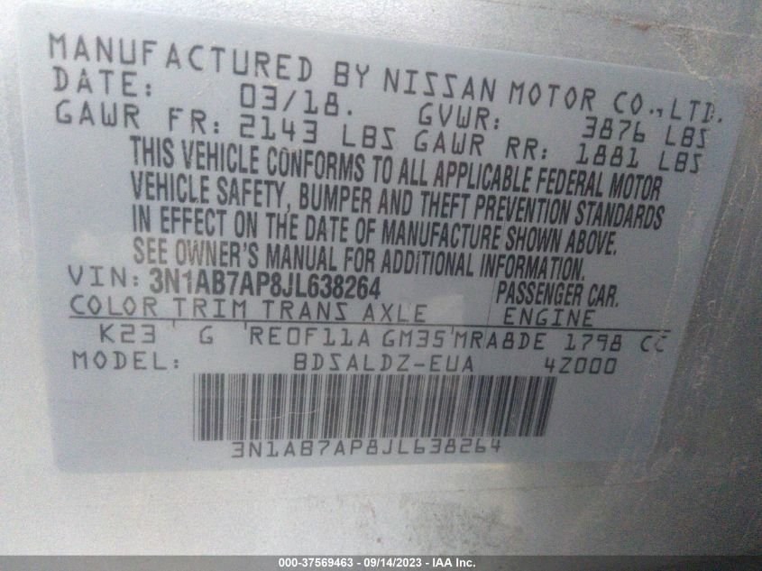 2018 NISSAN SENTRA SV - 3N1AB7AP8JL638264
