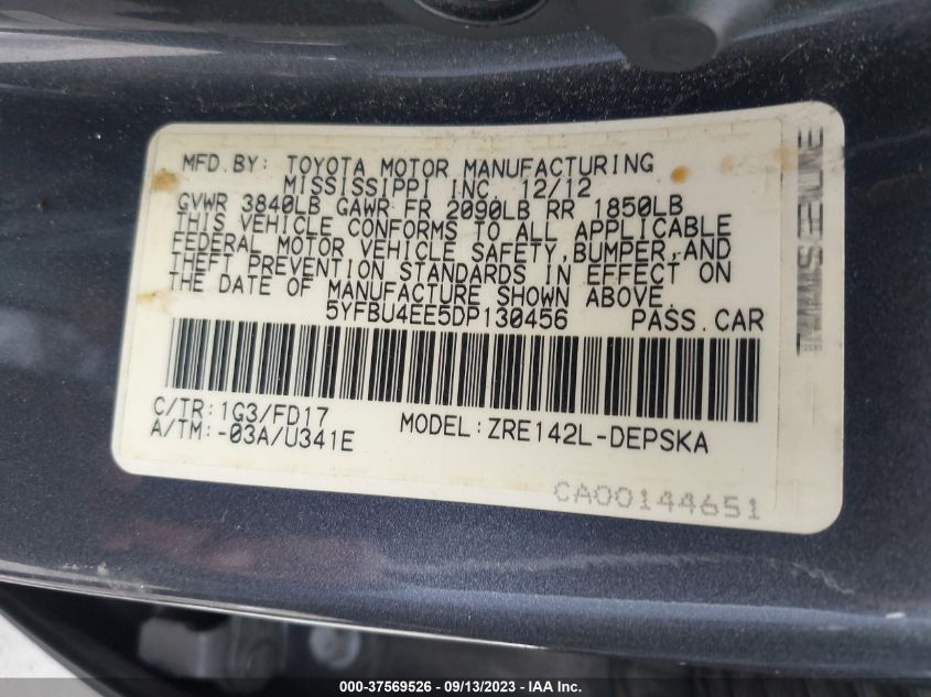 2013 TOYOTA COROLLA L/LE/S - 5YFBU4EE5DP130456