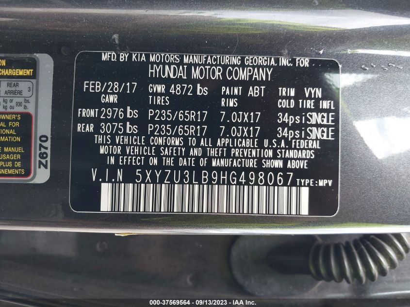 2017 HYUNDAI SANTA FE SPORT 2.4L - 5XYZU3LB9HG498067