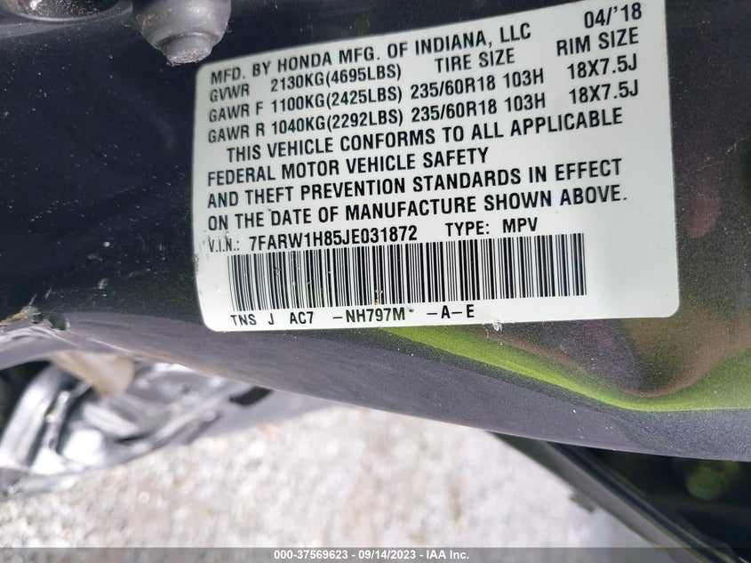 VIN 7FARW1H85JE031872 2018 HONDA CR-V EXL