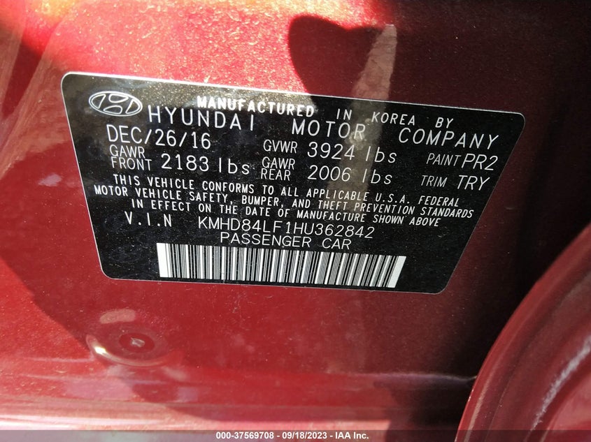 VIN KMHD84LF1HU362842 2017 HYUNDAI ELANTRA VALUE EDITION