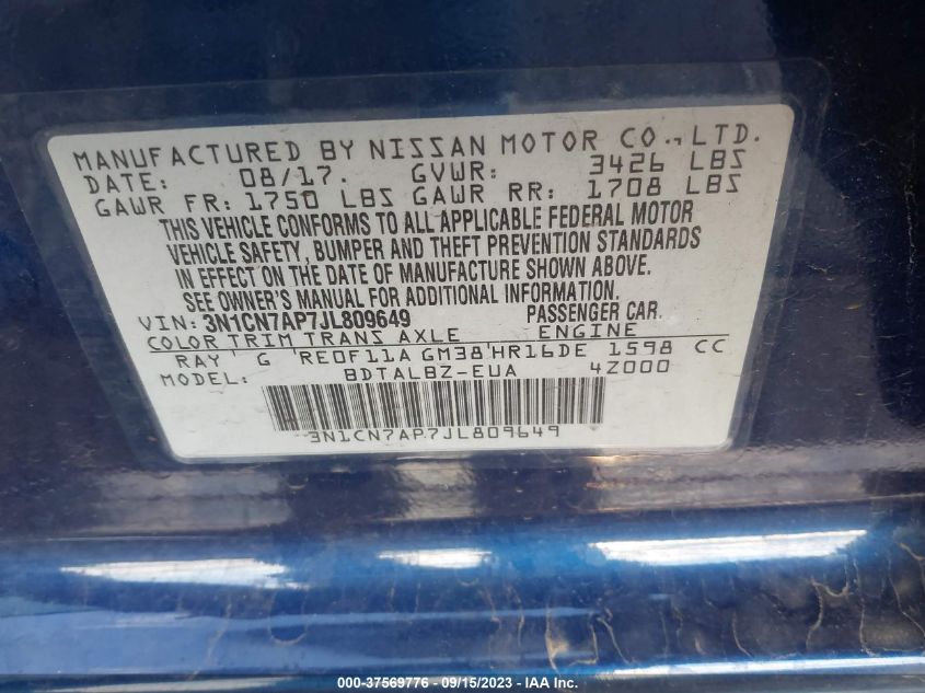 2018 NISSAN VERSA SEDAN SV 3N1CN7AP7JL809649