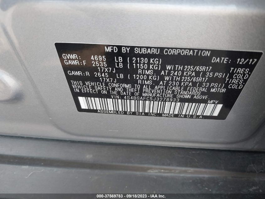 2018 SUBARU OUTBACK PREMIUM - 4S4BSAFC5J3278933