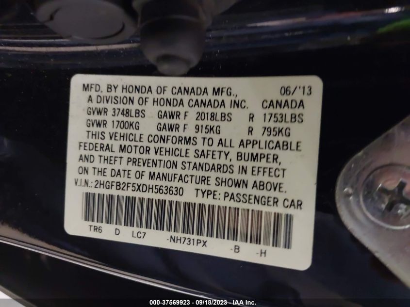 2013 HONDA CIVIC SDN LX - 2HGFB2F5XDH563630