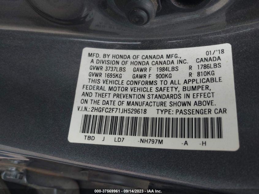 2018 HONDA CIVIC EX - 2HGFC2F71JH529618