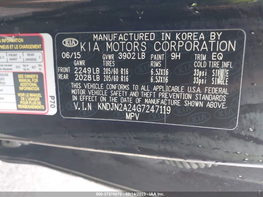 2016 KIA SOUL BASE - KNDJN2A24G7247119