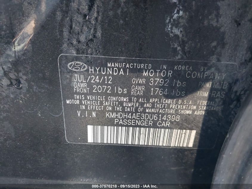 2013 HYUNDAI ELANTRA LIMITED PZEV - KMHDH4AE3DU614398