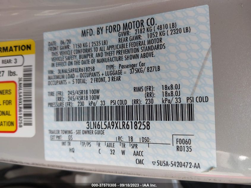 2020 LINCOLN MKZ STANDARD - 3LN6L5A9XLR618258