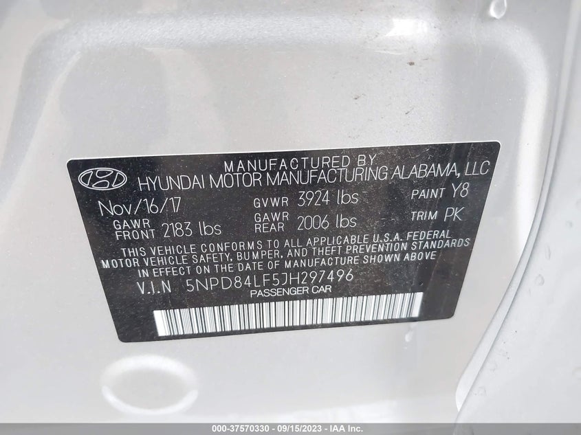 VIN 5NPD84LF5JH297496 2018 HYUNDAI ELANTRA SEL