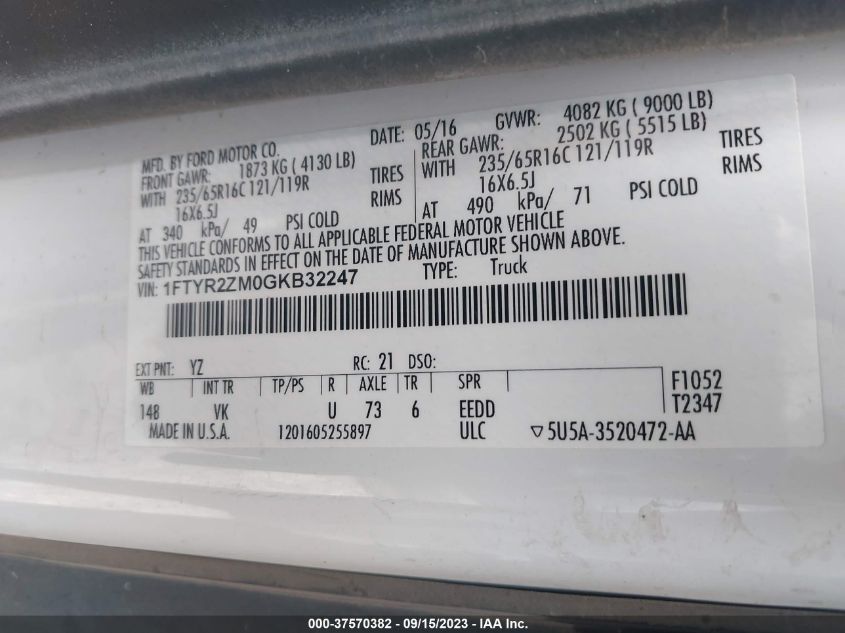 2016 FORD TRANSIT CARGO VAN - 1FTYR2ZM0GKB32247