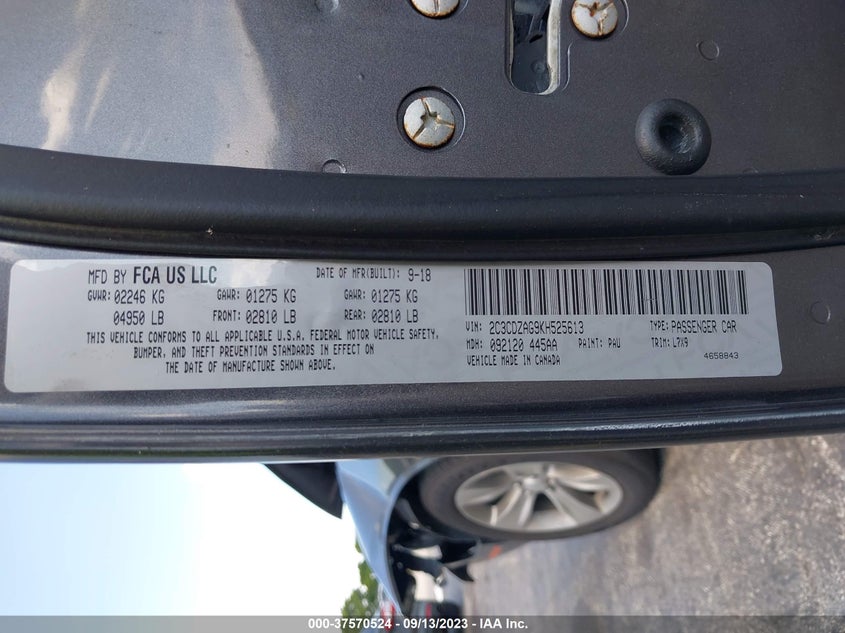 VIN 2C3CDZAG9KH525613 2019 DODGE CHALLENGER SXT