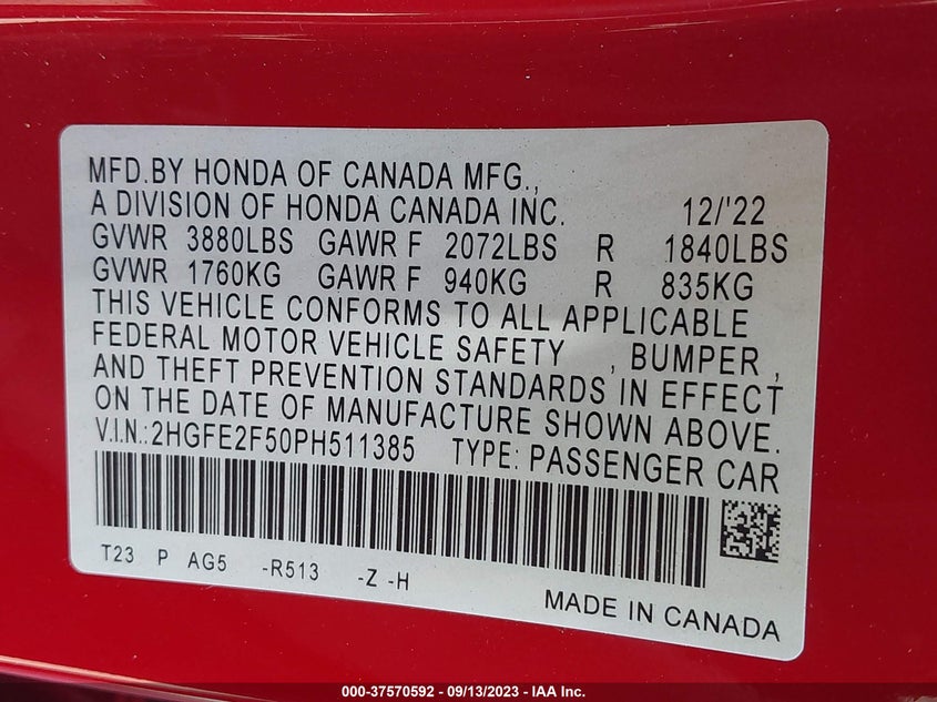 VIN 2HGFE2F50PH511385 2023 HONDA CIVIC SEDAN SPORT