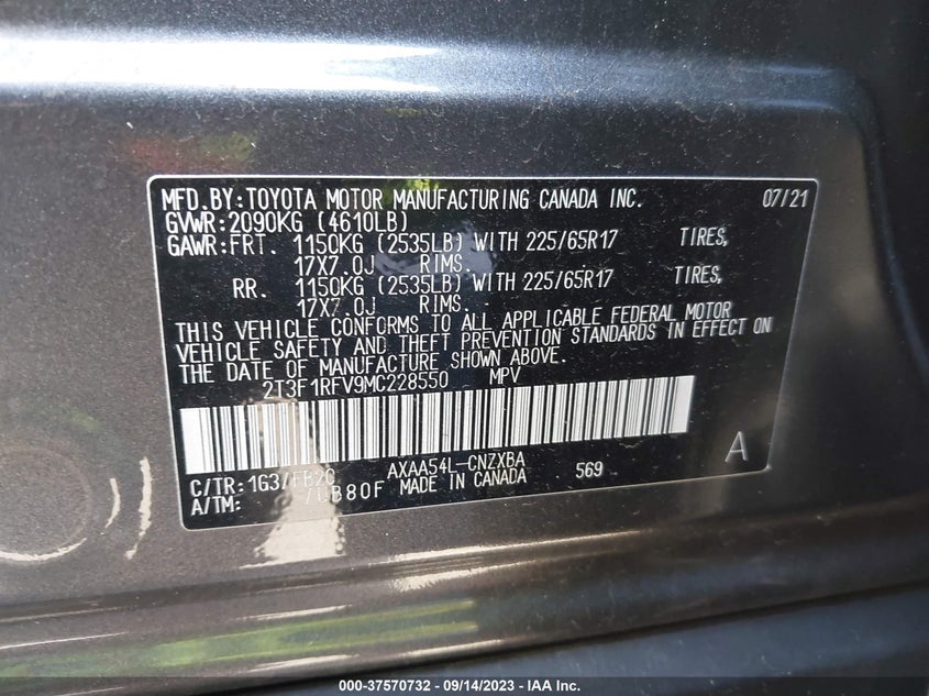 VIN 2T3F1RFV9MC228550 2021 TOYOTA RAV4 LE